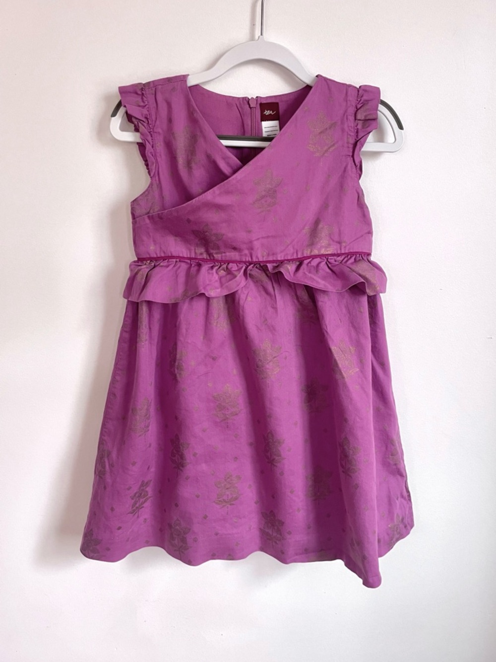 Tea Collection Gold Metallic Floral Wrap Neck Peplum Party Dress, Plum Purple